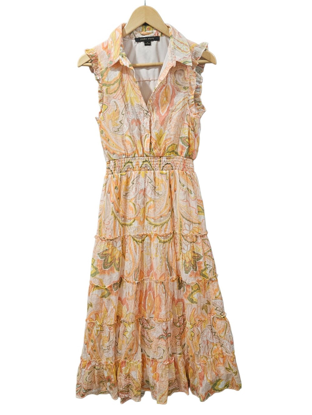 Cynthia Steffe Paisley Print Ruffled Midi Dress Pastel Orange Yellow PM - Picture 2 of 7